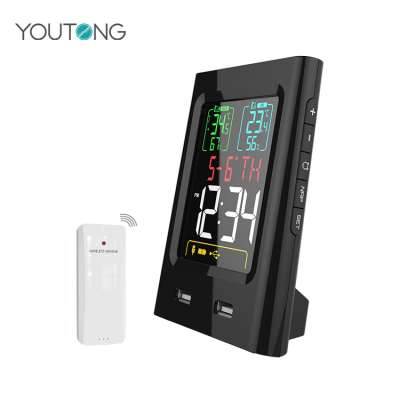 Wireless Colorful digital Weather Station Indoor Outdoor Thermometer Wireless multiple temperature sensors 2 USB port